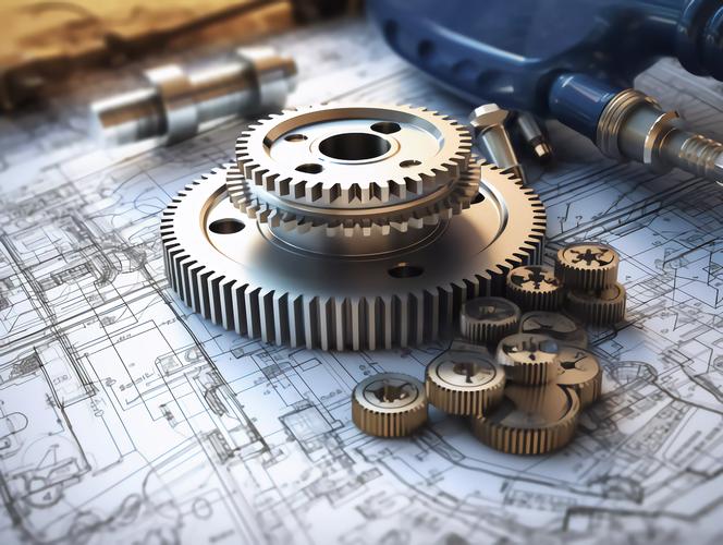 機(jī)械工程圖紙上精密的合金科技齒輪零件組特寫商業(yè)背景圖